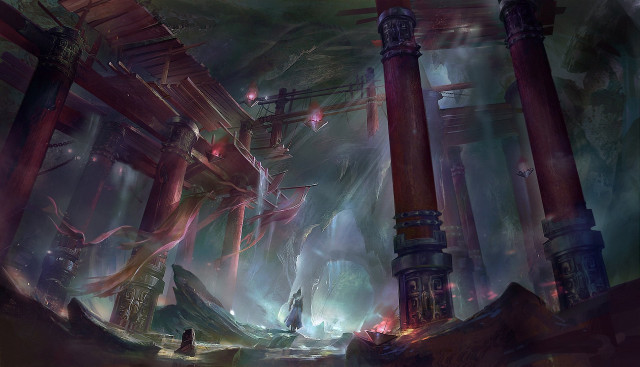 Futuristic city columns pillars painting free wallpaper for desktop - medium preview image