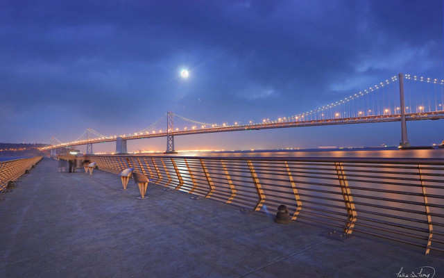 Bridge water night people walking free wallpaper for desktop - medium preview image