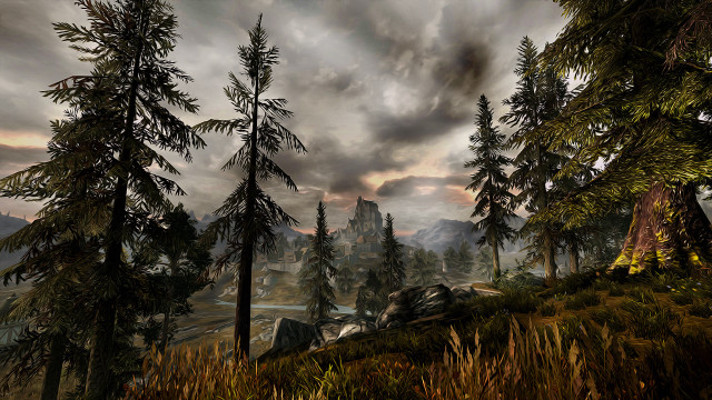 Forest mountain clouds sky painting free wallpaper for desktop - medium preview image