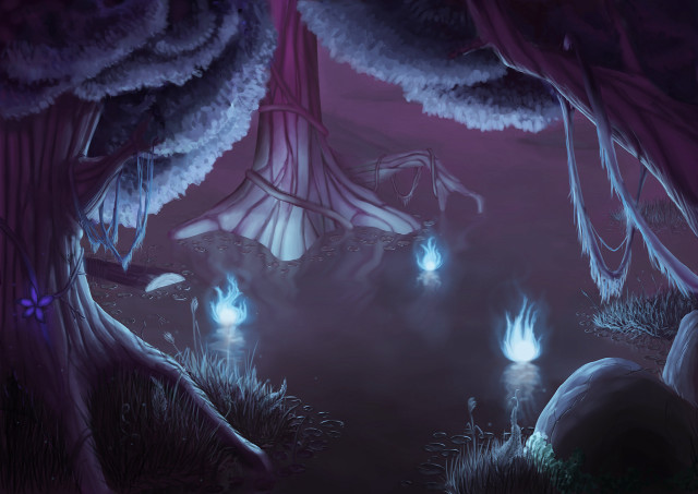 Forest fireflies trees bushes purple free wallpaper for desktop - medium preview image