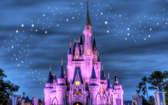 Castle stars sky trees lights free wallpaper for desktop - medium preview image