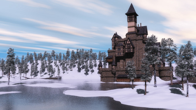 Castle snow lake trees background free wallpaper for desktop - medium preview image