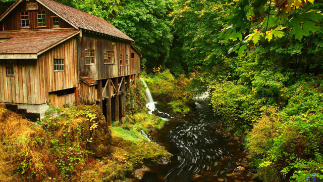 Wooden building waterfall trees stream free wallpaper for desktop - medium preview image