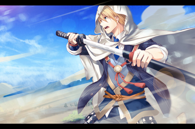 Man hooded outfit holding sword free wallpaper for desktop - medium preview image