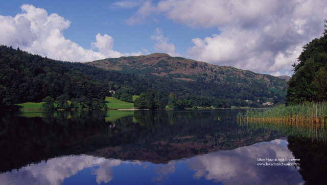 Lake mountain clouds grassy reflections free wallpaper for desktop - medium preview image