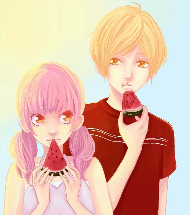 Couple watermelon slices eating hands free wallpaper for tablet - medium preview image