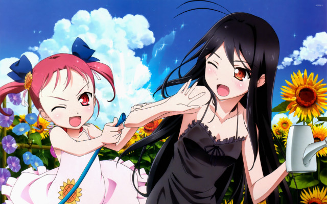 Anime girls field flowers camera free wallpaper for desktop - medium preview image