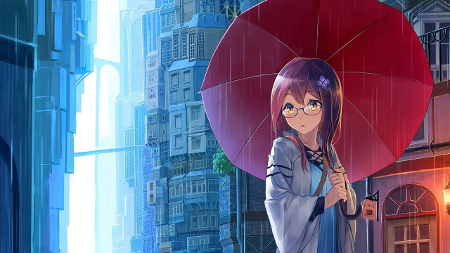 Woman holding umbrella city street free wallpaper for desktop - medium preview image
