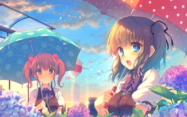 Anime girls umbrellas field flowers free wallpaper for desktop - medium preview image