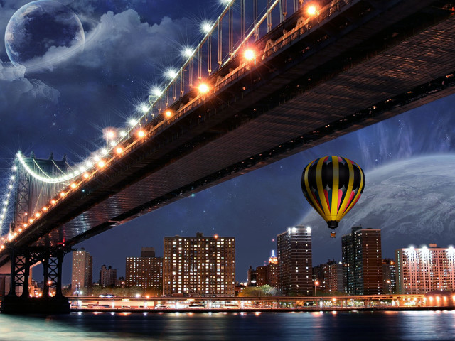Hot air balloon city night free wallpaper for desktop - medium preview image
