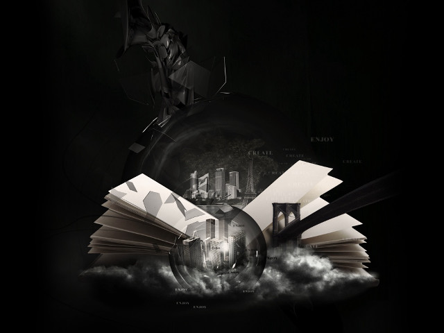 Flying book city lightbulb background free wallpaper for desktop - medium preview image