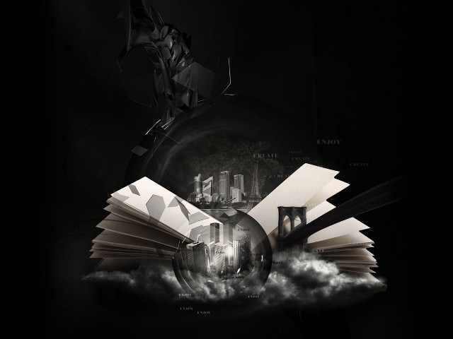 Flying book city lightbulb background #2 free wallpaper for desktop - medium preview image