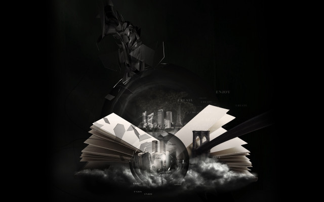 Flying book black background building free wallpaper for desktop - medium preview image