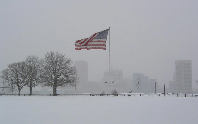 Snowy city park flag wind free wallpaper for desktop - medium preview image