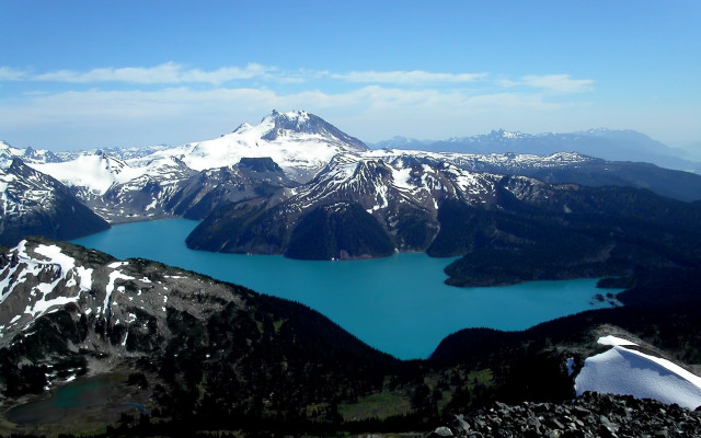 Lake mountains snow peaks view free wallpaper for desktop - medium preview image