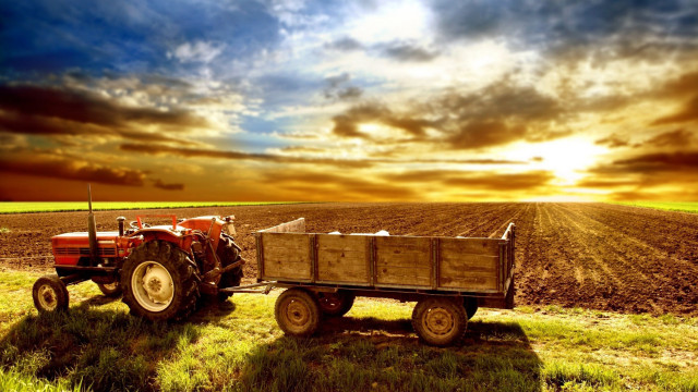 Tractor trailer field sunset clouds free wallpaper for desktop - medium preview image