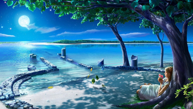 Woman tree water night full free wallpaper for desktop - medium preview image