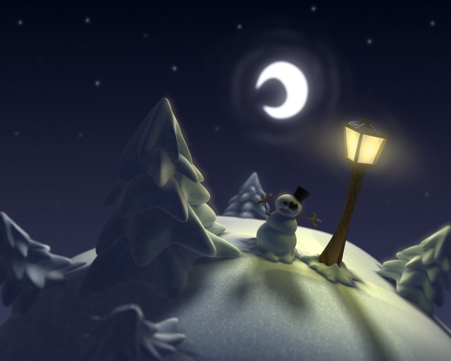 Snowman lamp post night full free wallpaper for desktop - medium preview image