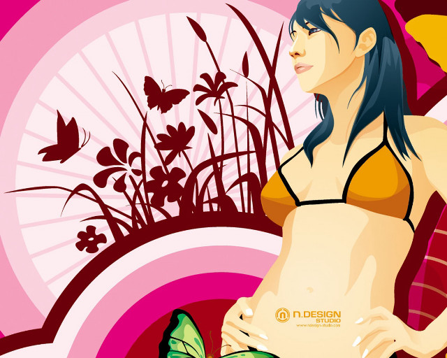 Woman bikini butterfly flowers background free wallpaper for desktop - medium preview image