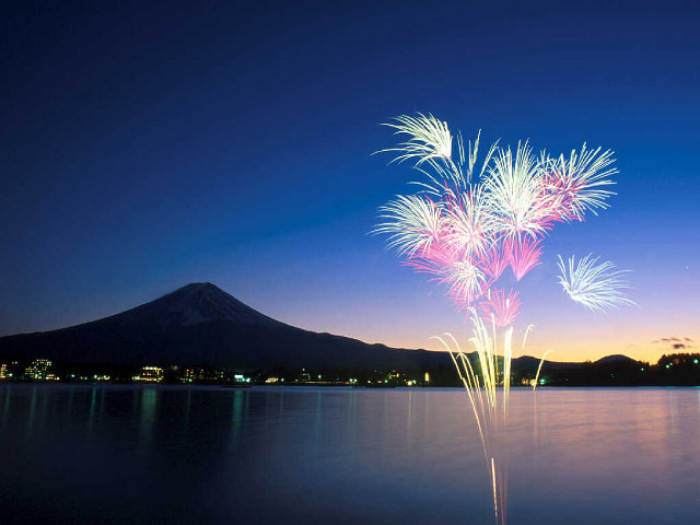 Fireworks lake mountain night sky free wallpaper for desktop - medium preview image