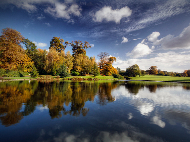Lake trees clouds bench foreground #3 free wallpaper for desktop - medium preview image