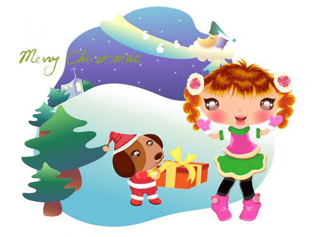 Girl dog present snow merry free wallpaper for desktop - medium preview image