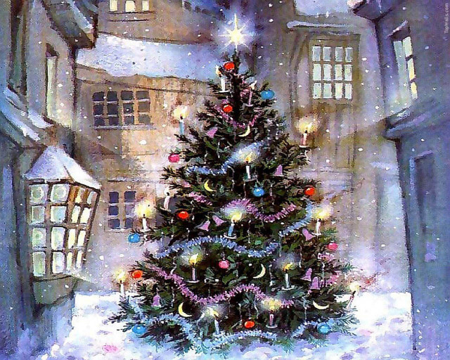 Christmas tree snowy village lit #3 free wallpaper for desktop - medium preview image