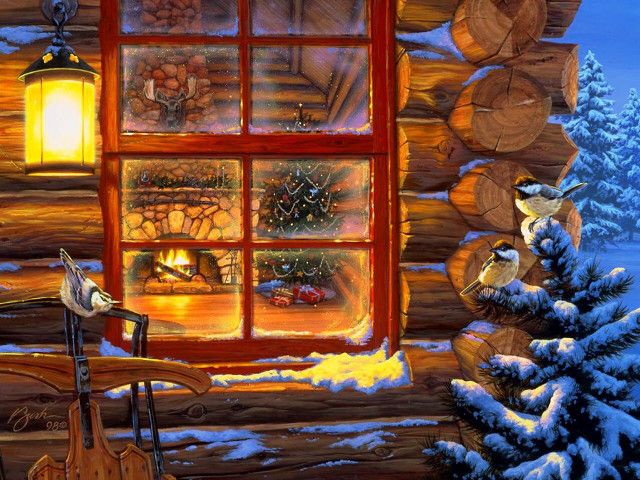 Cabin guitar snowy landscape folk free wallpaper for desktop - medium preview image