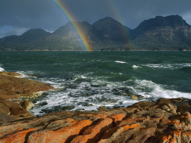Rainbow ocean mountains waves crashing free wallpaper for desktop - medium preview image