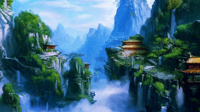 Mountain landscape river pagoda painting free wallpaper for desktop - medium preview image