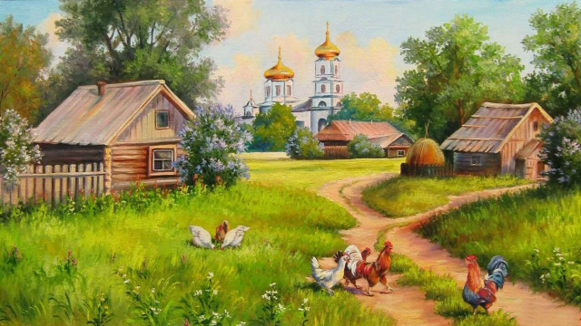 Country road chickens church painting free wallpaper for desktop - medium preview image