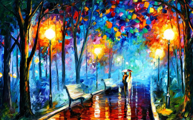 Couple walking umbrella rain colorful free wallpaper for desktop - medium preview image