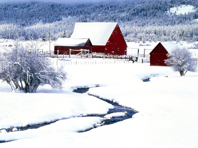 Red barn snow stream mountain free wallpaper for desktop - medium preview image