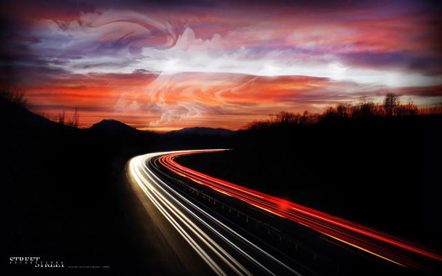 Long exposure highway red sky free wallpaper for desktop - medium preview image