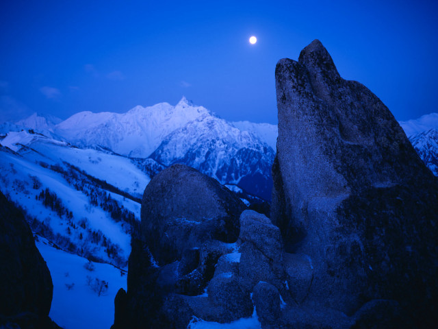 Full moon snowy mountains rocks free wallpaper for desktop - medium preview image