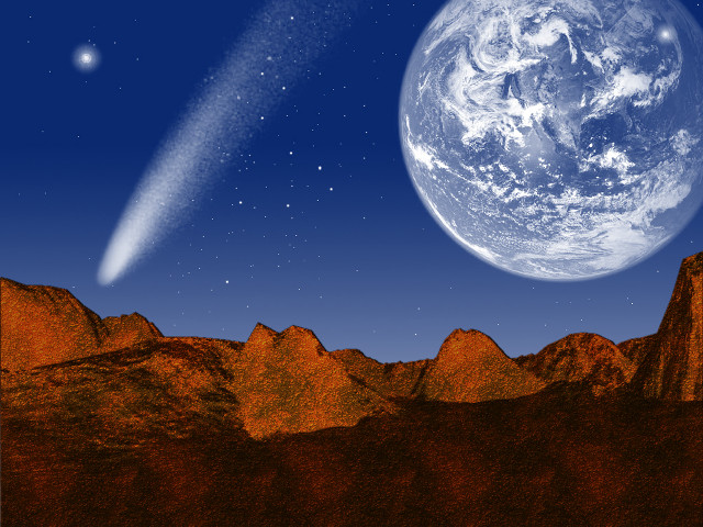 Planet shooting star sky mountains free wallpaper for desktop - medium preview image