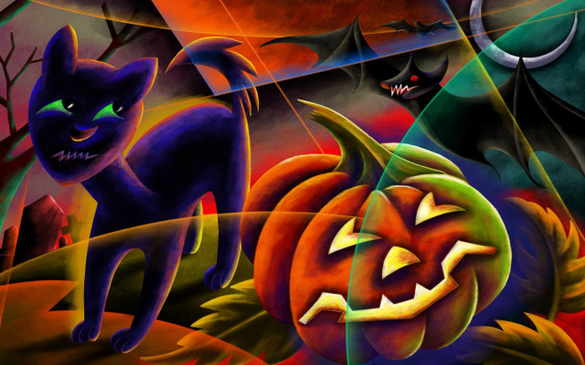 Gothic cat pumpkin moon bat free wallpaper for desktop - medium preview image