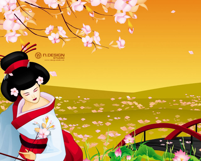 Woman kimono flower field bridge free wallpaper for desktop - medium preview image