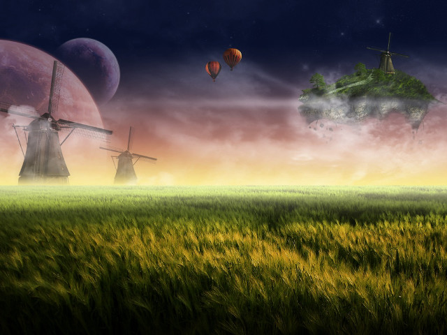 Field windmills house sky background free wallpaper for desktop - medium preview image