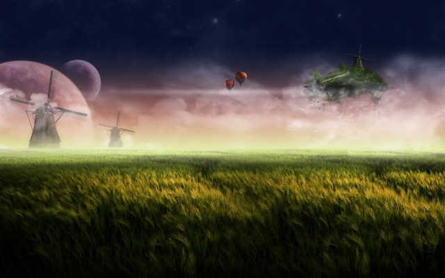 Windmill field grass sky clouds #2 free wallpaper for desktop - medium preview image