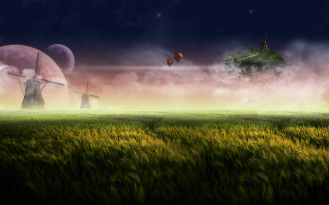 Windmill field grass sky background #3 free wallpaper for desktop - medium preview image