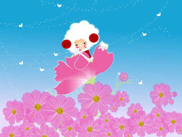 Cartoon girl flying flower field free wallpaper for desktop - medium preview image