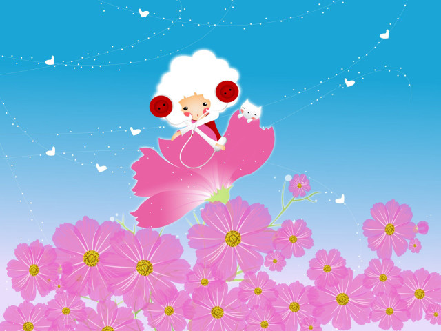 Cartoon girl flying pink flower free wallpaper for desktop - medium preview image