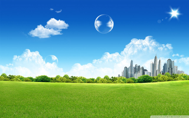 City bubble sky green field free wallpaper for desktop - medium preview image