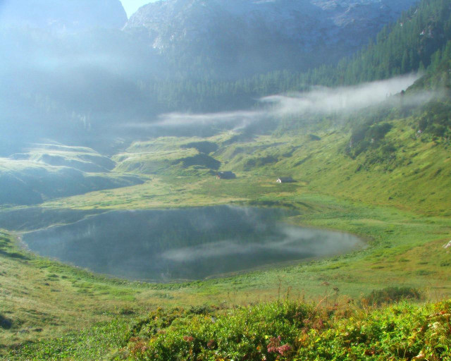 Grassy field lake mountains fog #2 free wallpaper for desktop - medium preview image