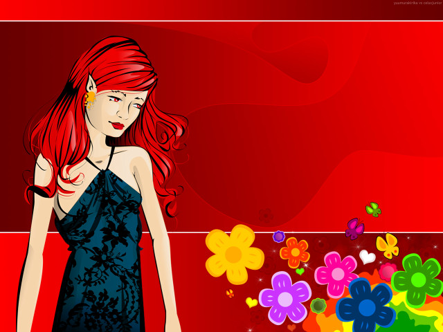 Red haired woman floral butterflies free wallpaper for desktop - medium preview image