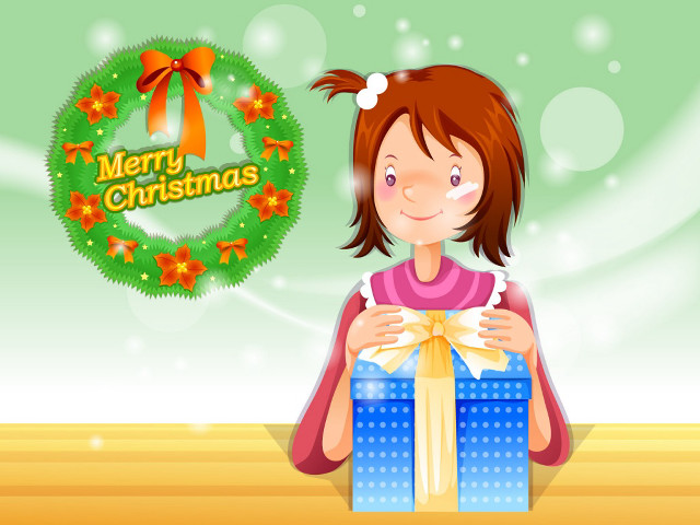 Girl blue giftbox christmas wreath free wallpaper for desktop - medium preview image