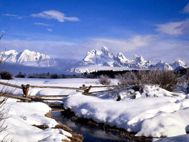 Stream snow field mountains fence free wallpaper for desktop - medium preview image