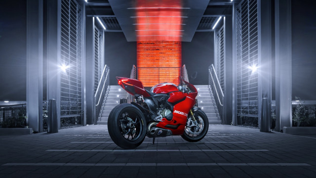 Red motorcycle parking garage staircase free wallpaper for desktop - medium preview image