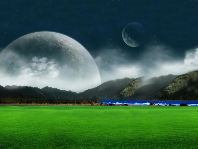 Green field mountains water moon #5 free wallpaper for desktop - medium preview image